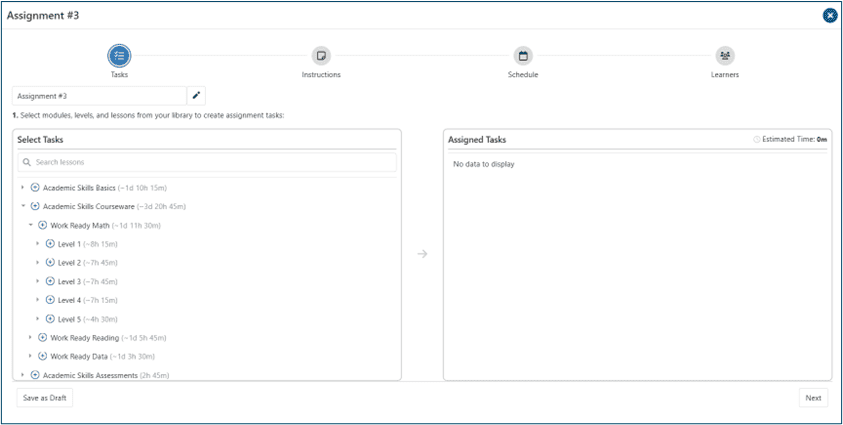 Step one of setting up an assignment, showing a list of tasks to select and add to the assignment