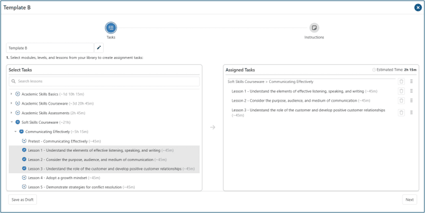 List of tasks to add to assignment template