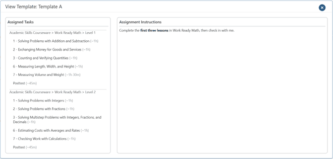 View Template screen displaying list of tasks and instructions