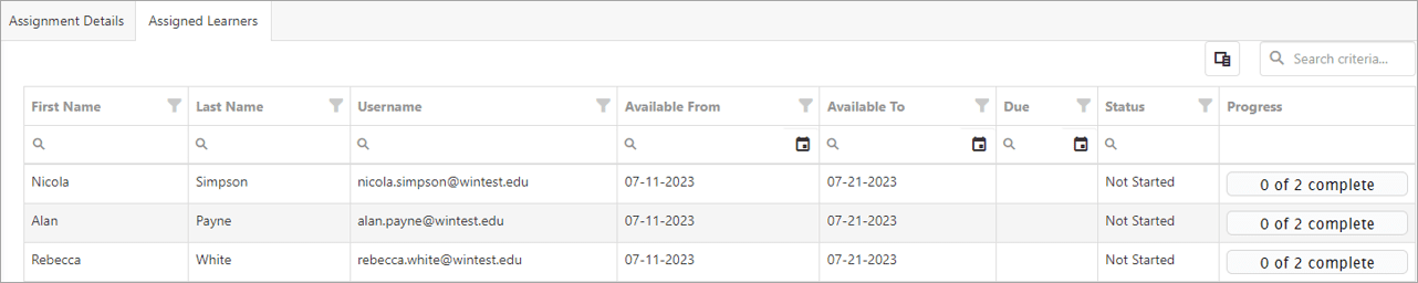 Image of the Assigned Learners grid displaying columns of information including student progress and completion of the assignment.