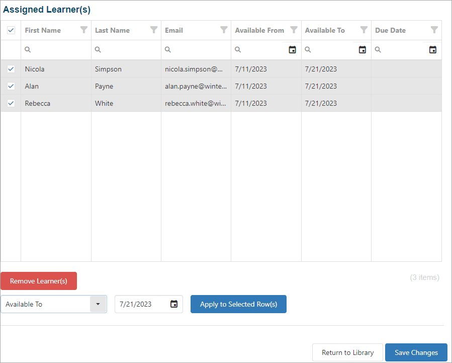 Image of a list of assigned learners and a dropdown menu to select an Available To date.