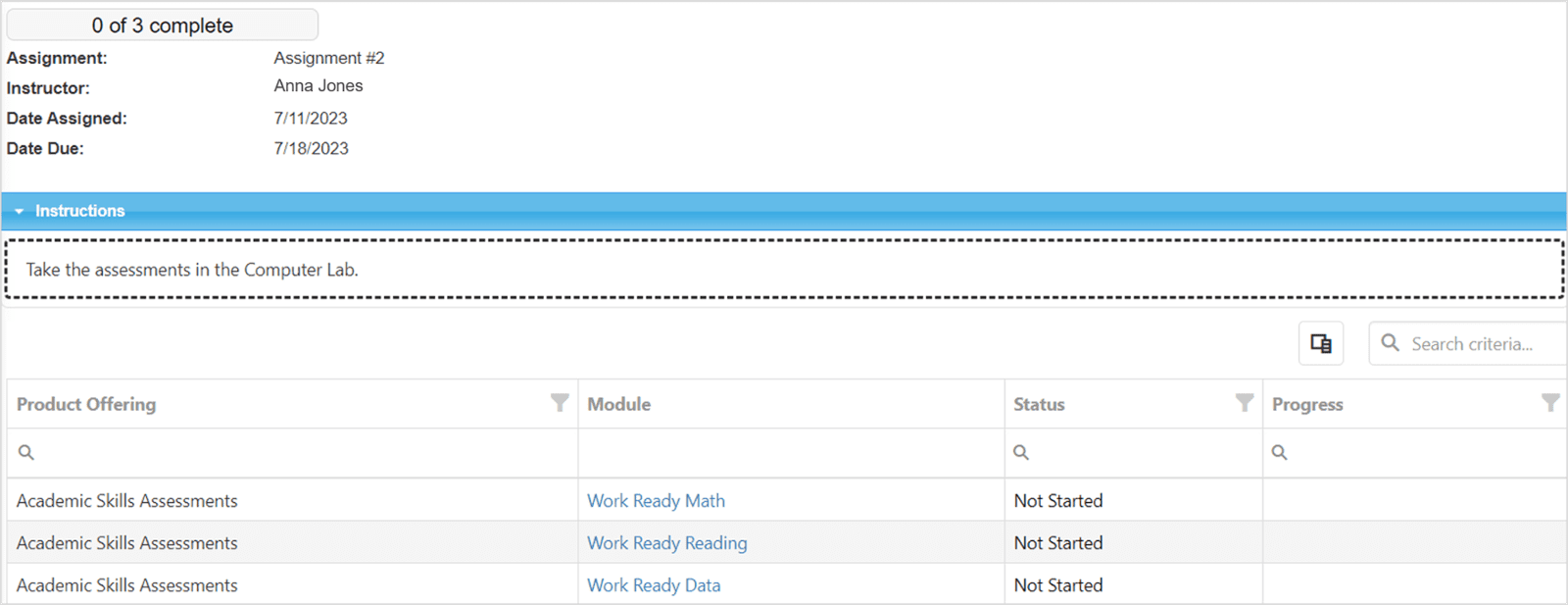 Image of assignment details including instructions, due date, and assignment progress in each module.