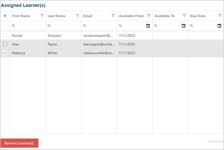 Image of a list of assigned learners