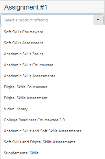 Image of the product offering dropdown menu displaying a list of all available products.