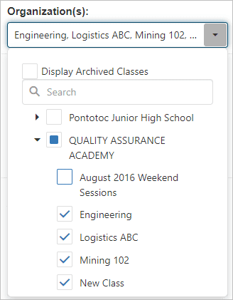 Image of the Organization filter options with a list of schools and specific classes.