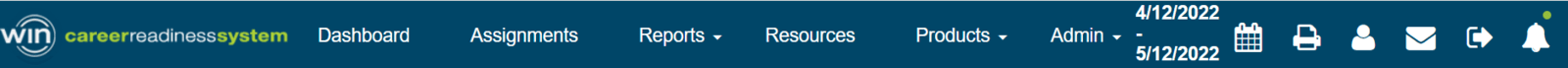 Image of the top menu on the CRSystem dashboard displaying the options Dashboard, Assignments, Reports, Resources, Products, and Admin.