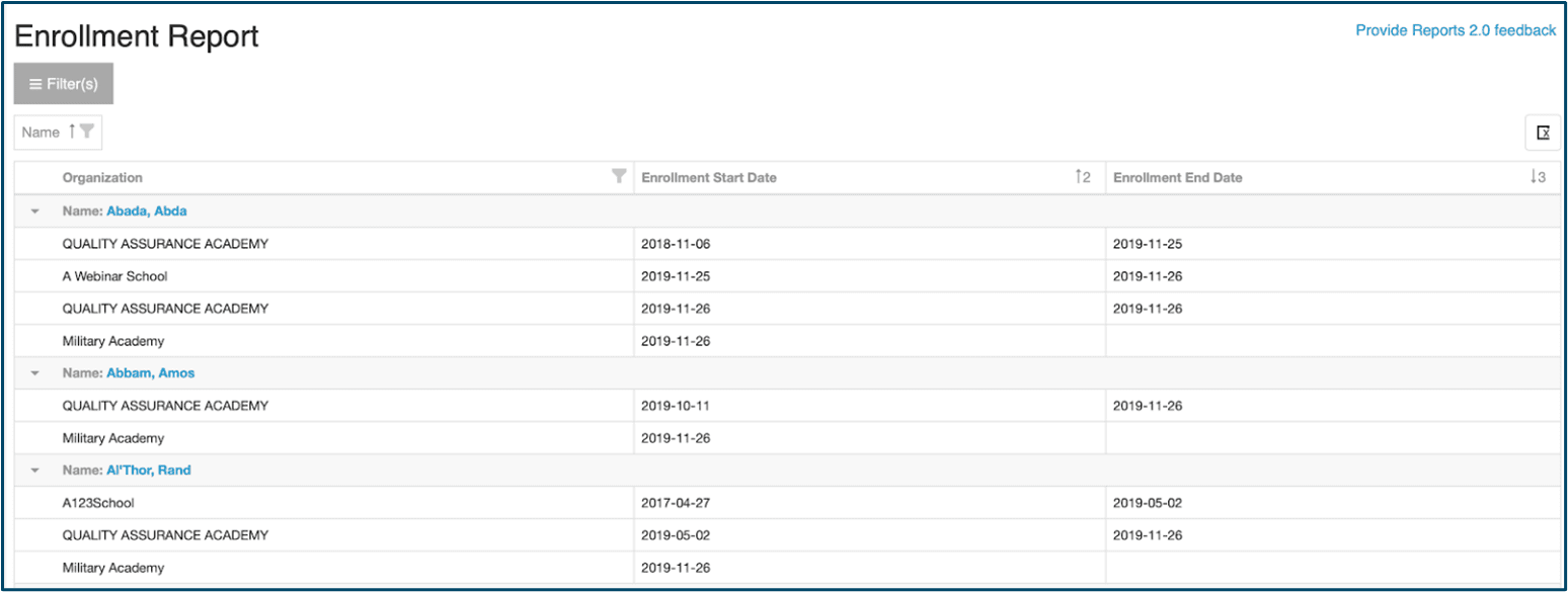Sample report showing an expanded list of learners with multiple enrollment dates listed to indicate transfers