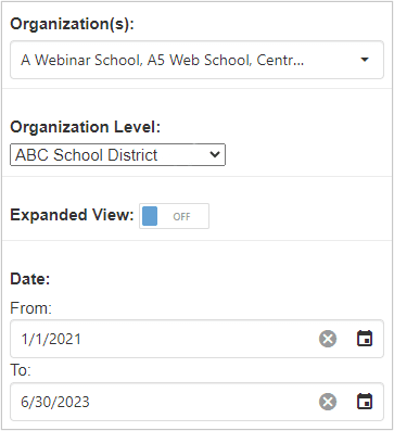 Image of filter options to select an Organization, Organization, and a date range. There is a button to turn Expanded View on or off.
