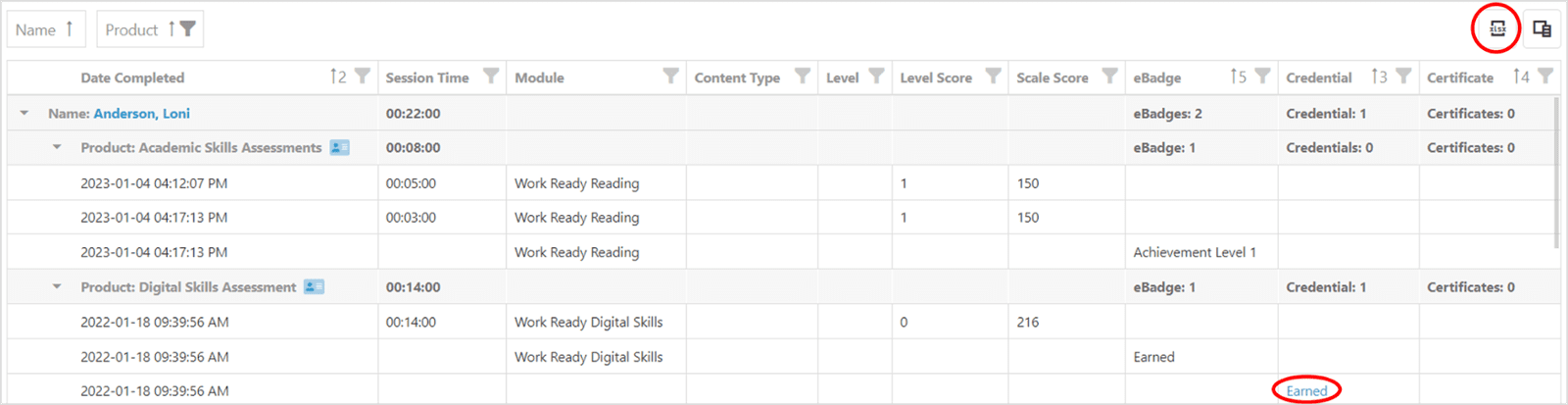 Image of an expanded view of the learner list showing product-specific data for an individual learner.