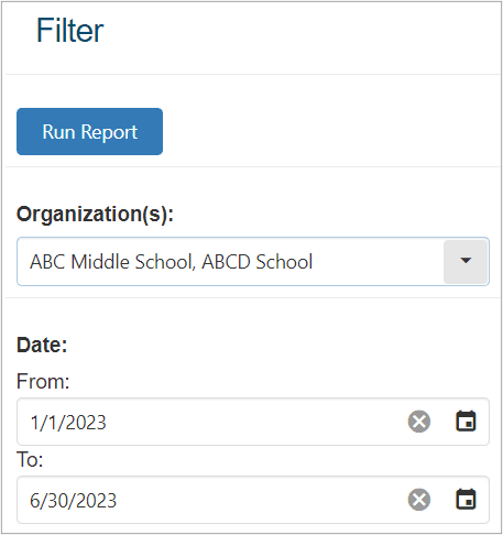 Image of the Filter settings showing a menu of Organizations and fields to set a date range.