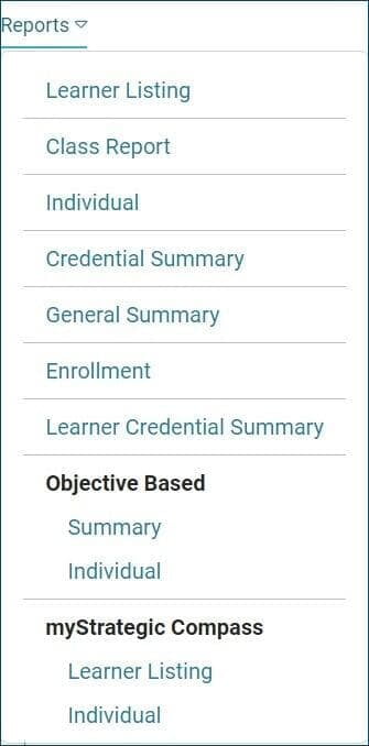 Reports dropdown menu listing the different reports