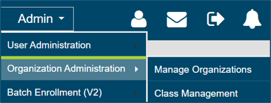 Image of the Admin dropdown and organization administration dropdown