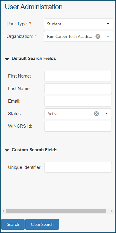 Image of the User Administration search fields