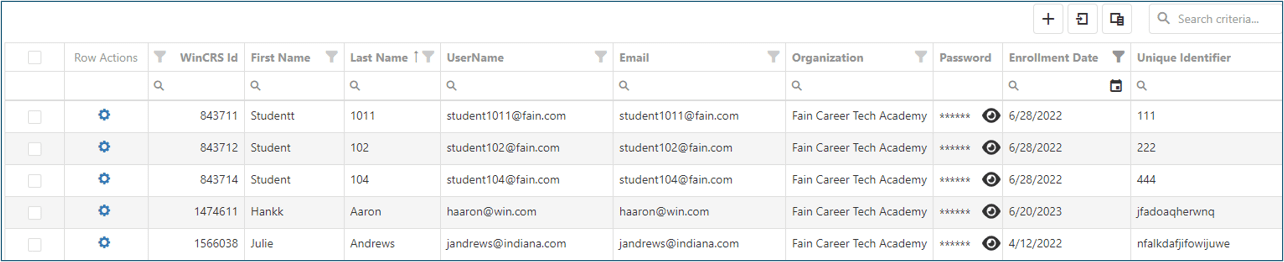 Image of a list of learners displaying their names, unique identifier, organization, and enrollment date in the system.